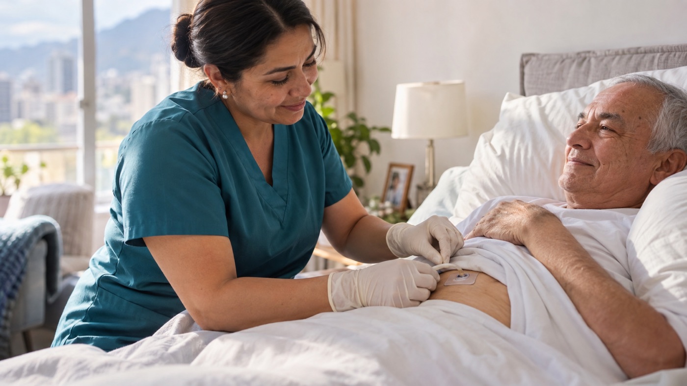 Enfermera de Nuovo Salud revisando la gastrostomía de un paciente en su domicilio