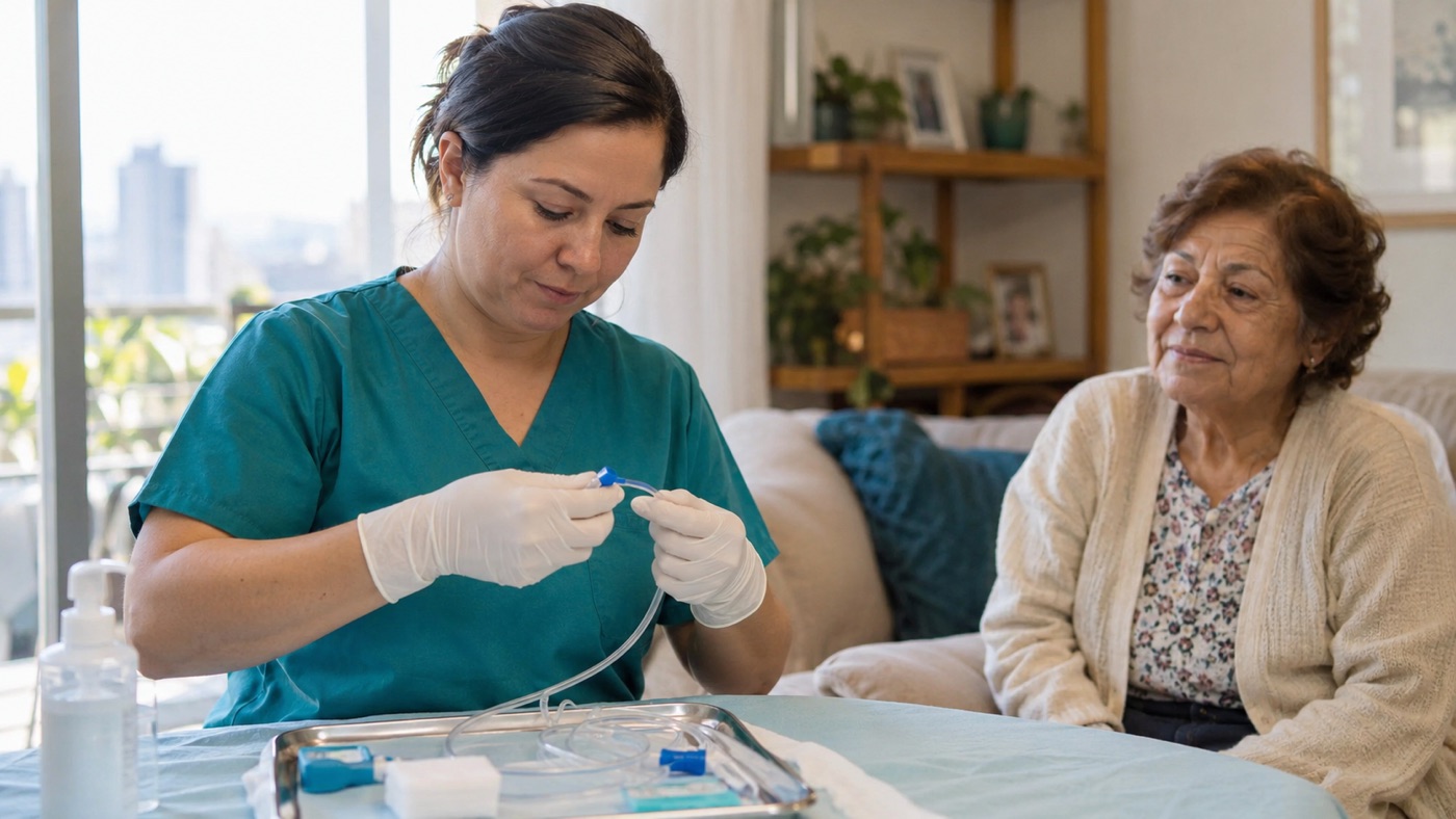 Enfermera de Nuovo Salud preparando una sonda nasogástrica en el domicilio de una paciente