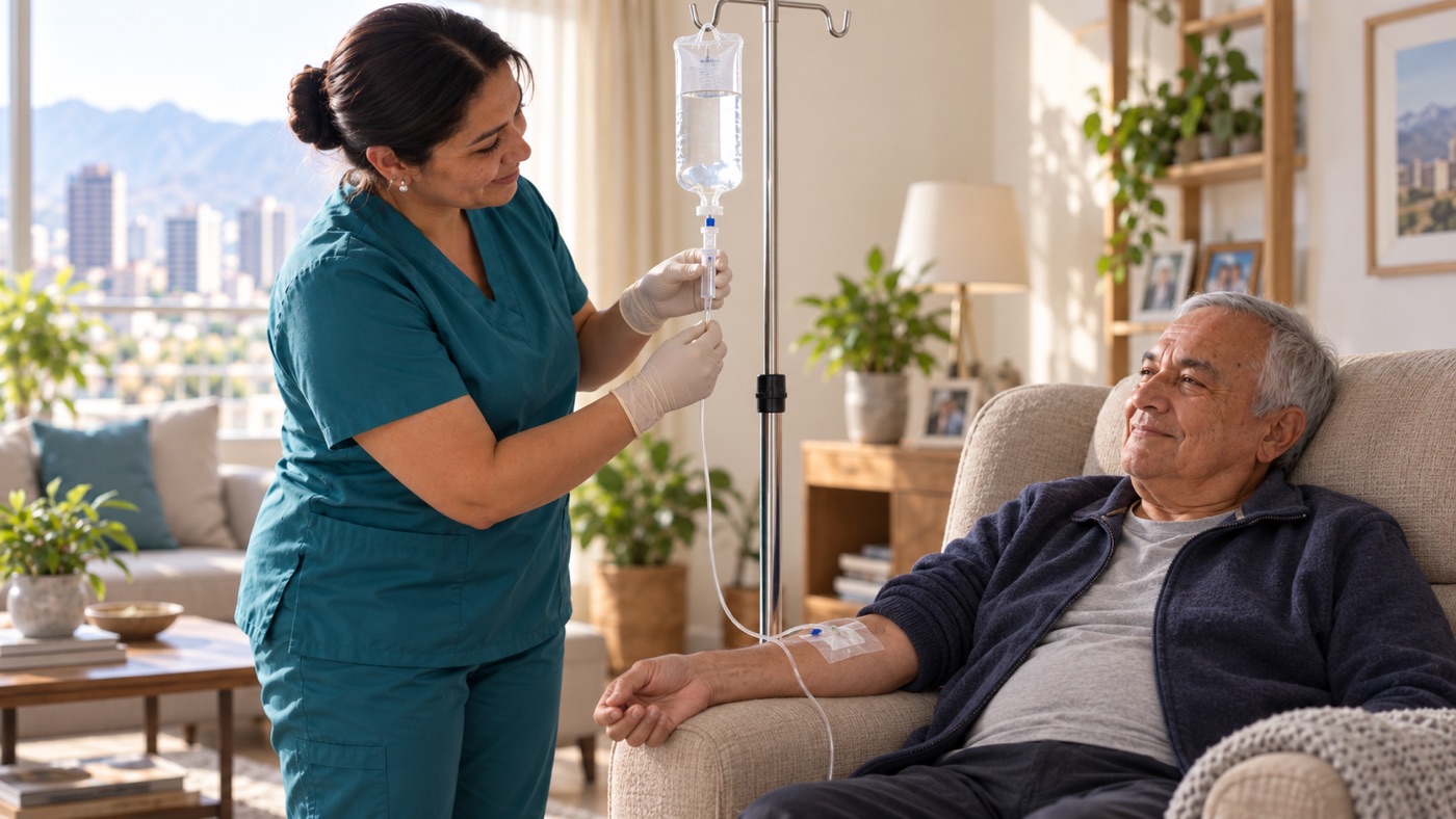 Enfermera de Nuovo Salud controlando una sueroterapia a un paciente en su domicilio