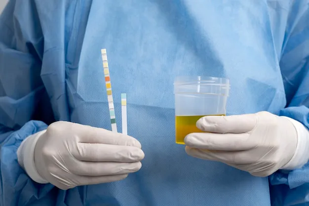 Profesional de laboratorio con guantes sostiene una muestra de orina y tiras reactivas