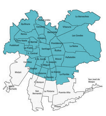 Mapa de las comunas de Santiago con la zona de cobertura destacada