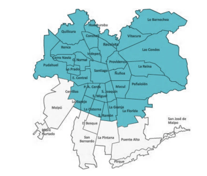Mapa de Santiago con las comunas de cobertura destacadas en celeste
